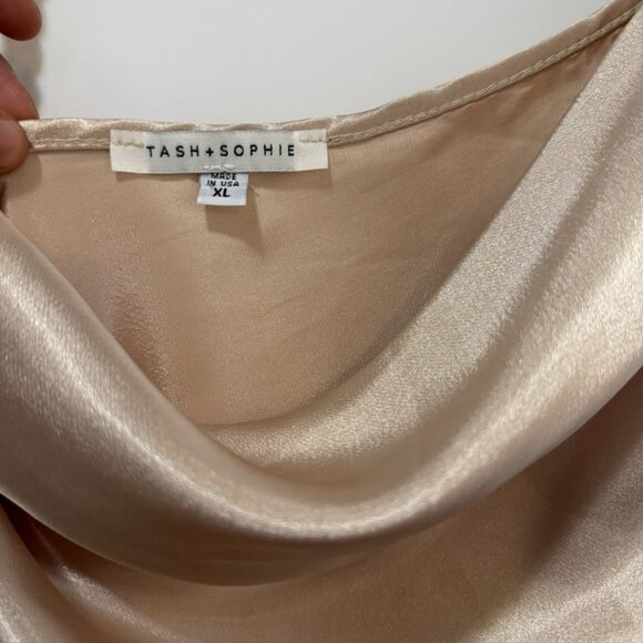 Champagne Satin Cowl Neck Top with Gold Chain Strap – Size XL - Picture 2 of 5